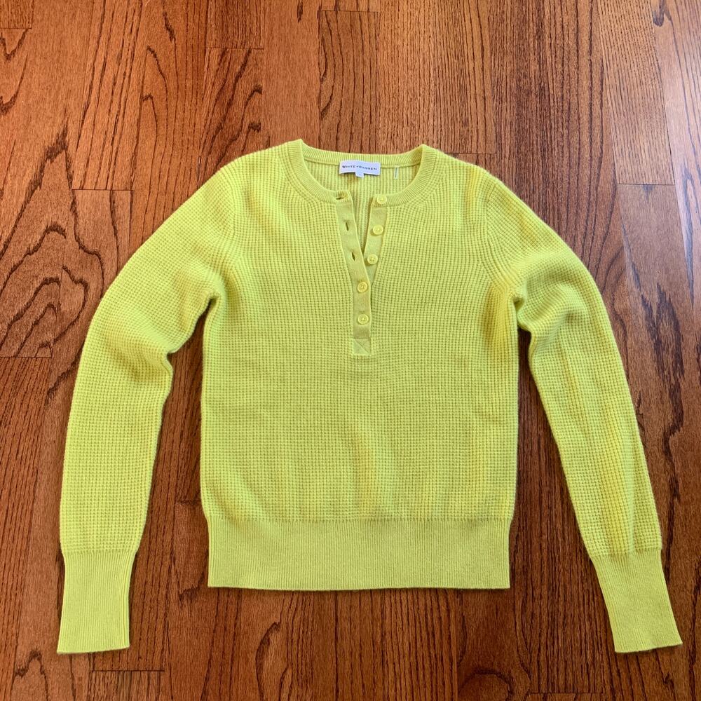 White + Warren Cashmere Ribbed Henley Sweater | Bright Yellow Green | Small